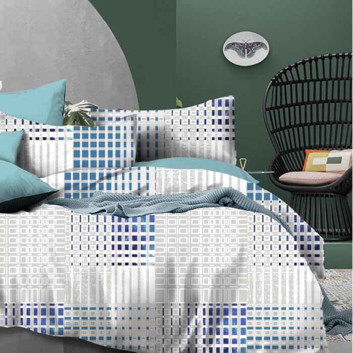 Geometric Grid Printed Cotton Bedsheet – Queen Size